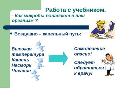 Работа с учебником. - Как микробы попадают в наш организм ? Воздушно – капель...