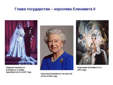Коронация Елизаветы II в 1953 году. Глава государства – королева Елизавета II...
