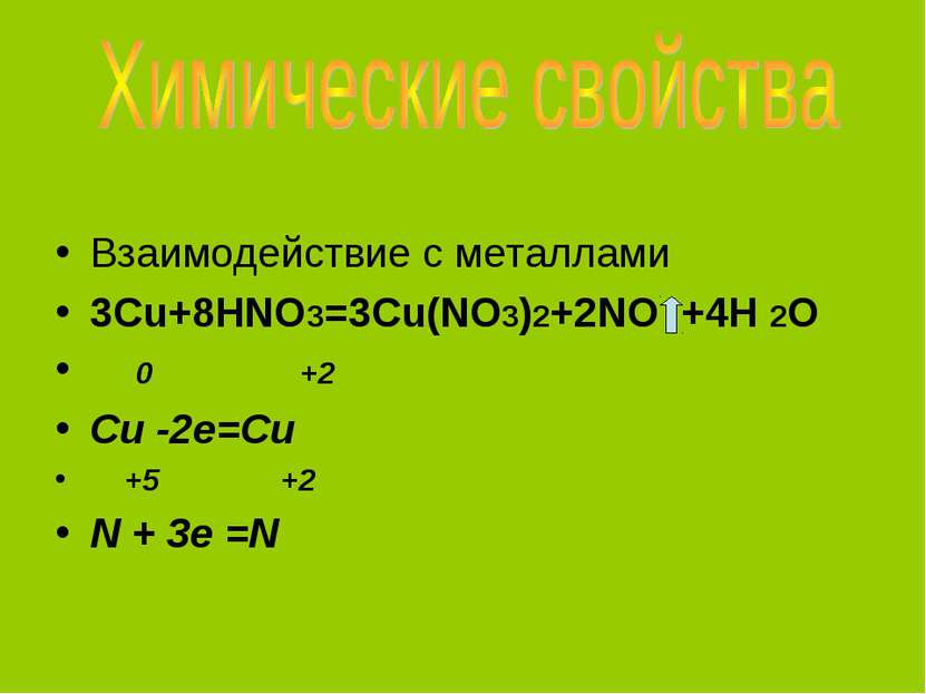 Взаимодействие с металлами 3Cu+8HNO3=3Cu(NO3)2+2NO +4H 2O 0 +2 Cu -2e=Cu +5 +...