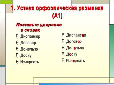 1. Устная орфоэпическая разминка (А1) Поставьте ударение в словах Диспансер Д...