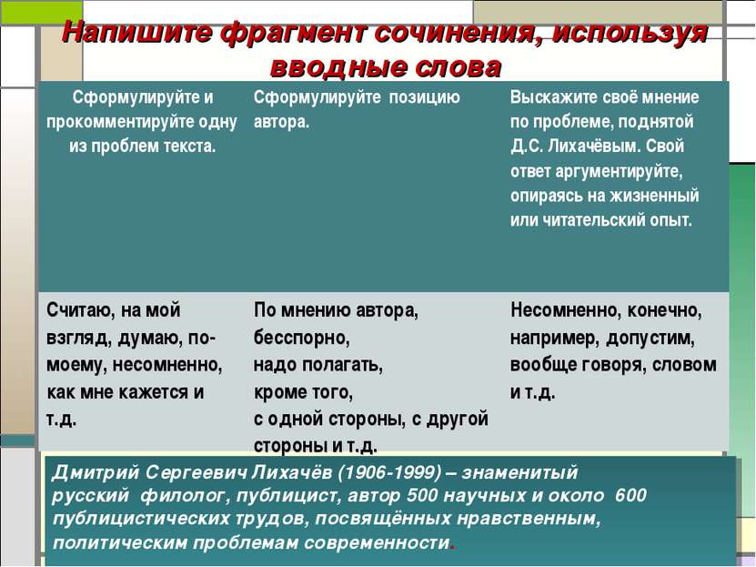 Напишите фрагмент сочинения, используя вводные слова * Дмитрий Сергеевич Лиха...