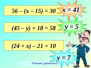 Решите уравнения 56 – (х – 15) = 30 х = 41 (45 – у) + 18 = 58 у = 5 (24 + х) ...