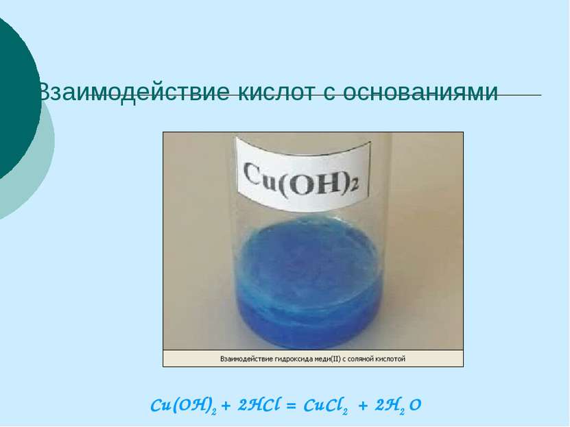 Взаимодействие кислот с основаниями Cu(OH)2 + 2HCl = CuCl2 + 2H2 O