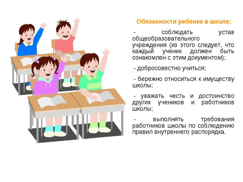 Обязанности ребенка в школе: - соблюдать устав общеобразовательного учреждени...