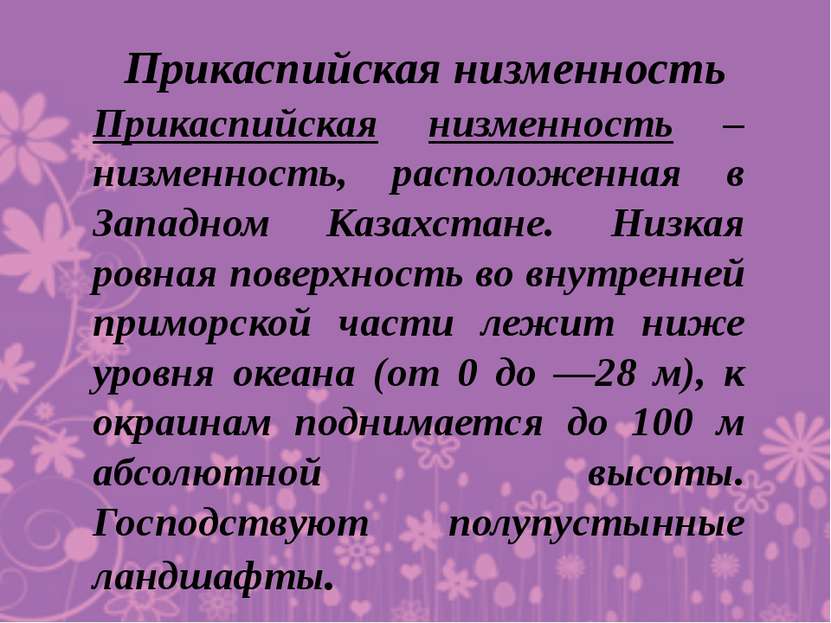 Прикаспийская низменность Прикаспийская низменность – низменность, расположен...