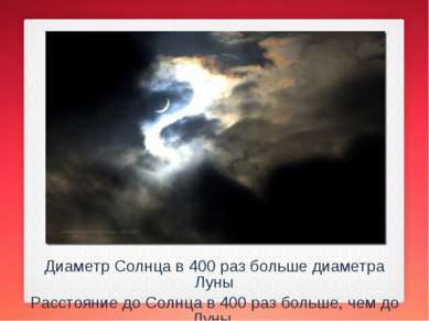 Диаметр Солнца в 400 раз больше диаметра Луны Расстояние до Солнца в 400 раз ...