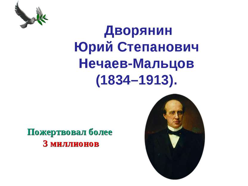   Дворянин Юрий Степанович Нечаев-Мальцов (1834–1913). Пожертвовал более 3 ми...