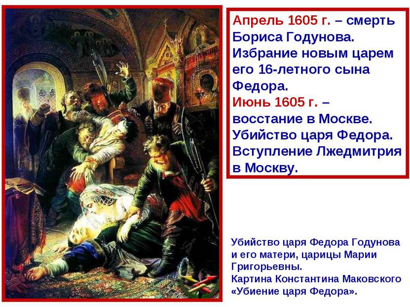 Апрель 1605 г. – смерть Бориса Годунова. Избрание новым царем его 16-летного ...