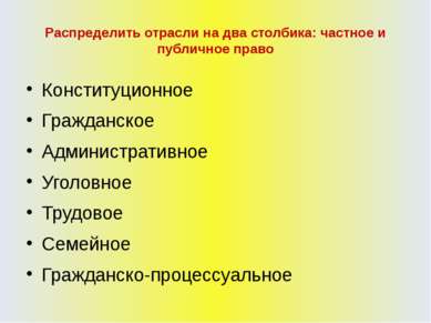 Распределить отрасли на два столбика: частное и публичное право Конституционн...