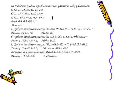 1 68. Найдите среднее арифметическое, размах и моду ряда чисел: а) 32, 26, 18...