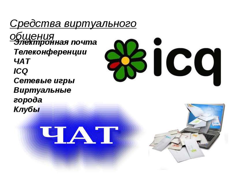 Средства виртуального общения Электронная почта Телеконференции ЧАТ ICQ Сетев...