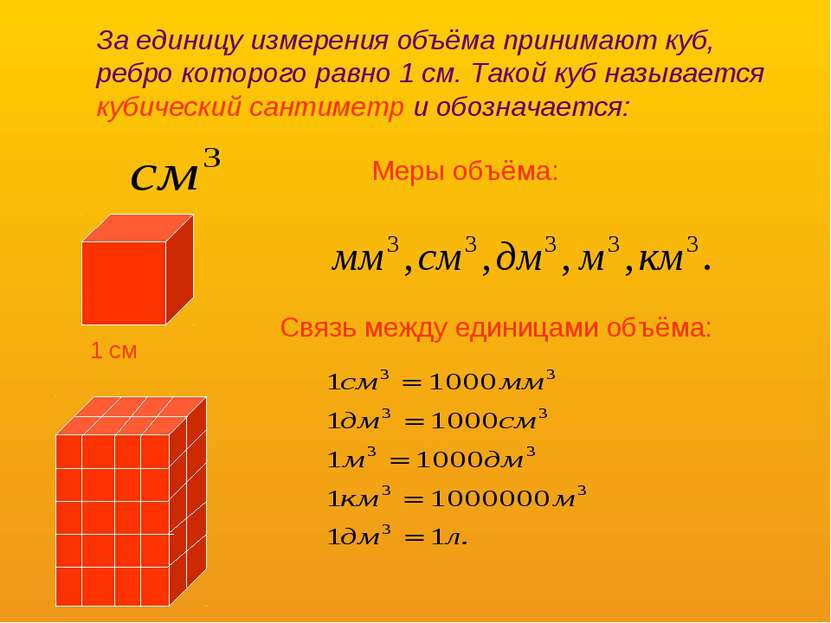 1 см За единицу измерения объёма принимают куб, ребро которого равно 1 см. Та...