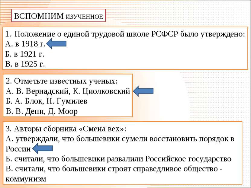 ВСПОМНИМ ИЗУЧЕННОЕ Положение о единой трудовой школе РСФСР было утверждено: А...