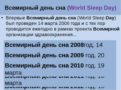 Всемирный день сна (World Sleep Day) Впервые Всемирный день сна (World Sleep ...
