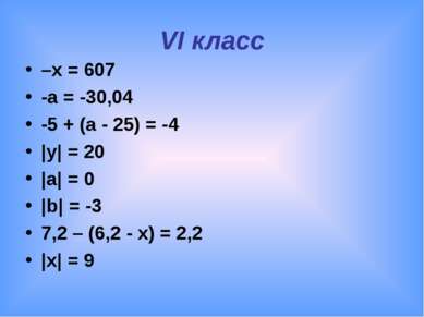 VI класс –x = 607 -а = -30,04 -5 + (а - 25) = -4 |y| = 20 |a| = 0 |b| = -3 7,...