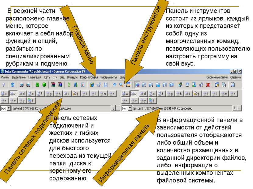 Главное меню Панель инструментов Панель сетевых подключений Информационная па...