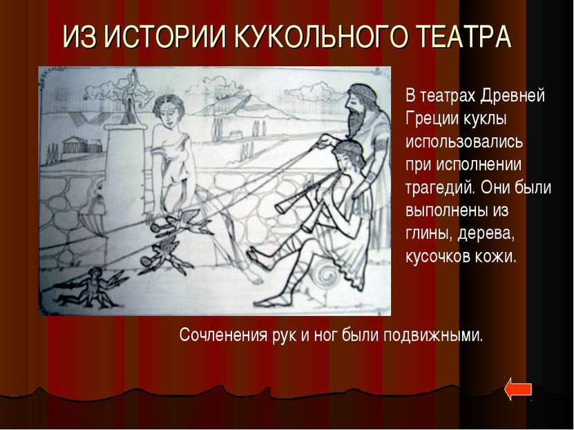 ИЗ ИСТОРИИ КУКОЛЬНОГО ТЕАТРА В театрах Древней Греции куклы использовались пр...