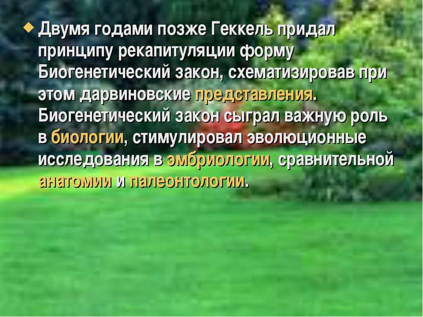 Двумя годами позже Геккель придал принципу рекапитуляции форму Биогенетически...