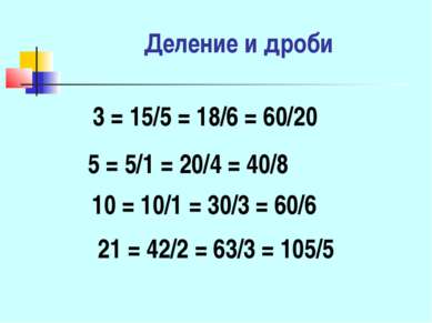 Деление и дроби 3 = 15/5 = 18/6 = 60/20 5 = 5/1 = 20/4 = 40/8 10 = 10/1 = 30/...