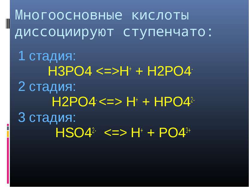 Многоосновные кислоты диссоциируют ступенчато: 1 стадия: H3PO4 H+ + H2PO4- 2 ...