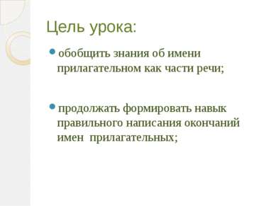 Цель урока: обобщить знания об имени прилагательном как части речи; продолжат...