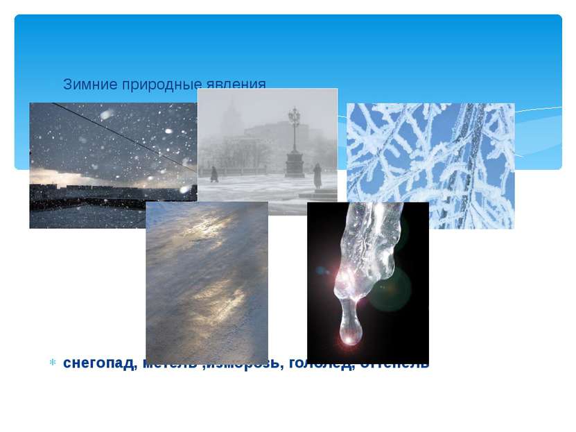 Зимние природные явления   снегопад, метель ,изморозь, гололёд, оттепель