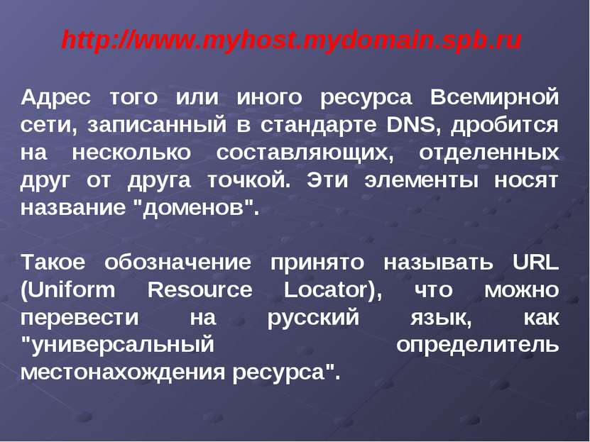 http://www.myhost.mydomain.spb.ru Адрес того или иного ресурса Всемирной сети...