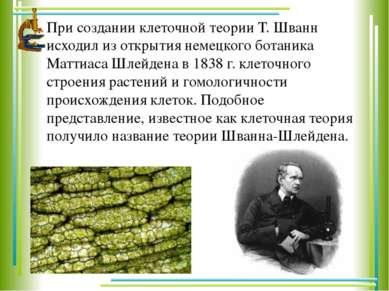 При создании клеточной теории Т. Шванн исходил из открытия немецкого ботаника...