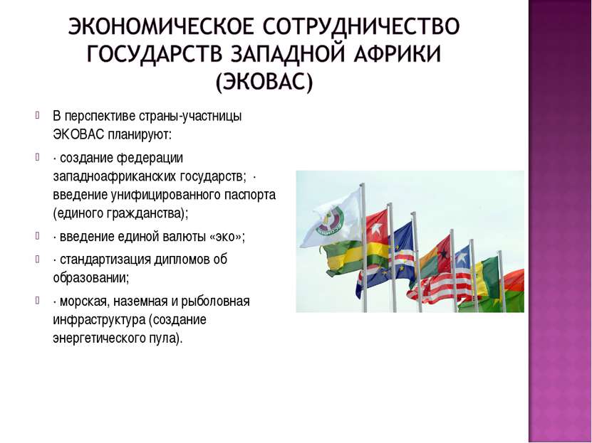 В перспективе страны-участницы ЭКОВАС планируют: · создание федерации западно...