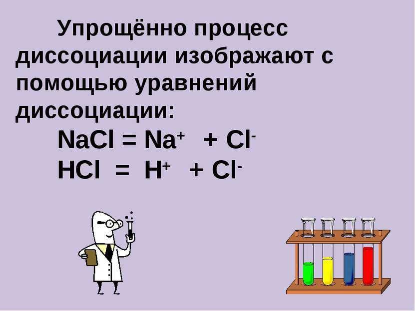 Упрощённо процесс диссоциации изображают с помощью уравнений диссоциации: NaC...