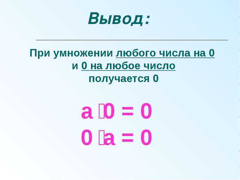 а 0 = 0 0 а = 0 При умножении любого числа на 0 и 0 на любое число получается...