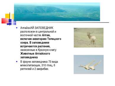 АлтайскИЙ ЗАПОВЕДНИК расположен в центральной и восточной частях Алтая, включ...