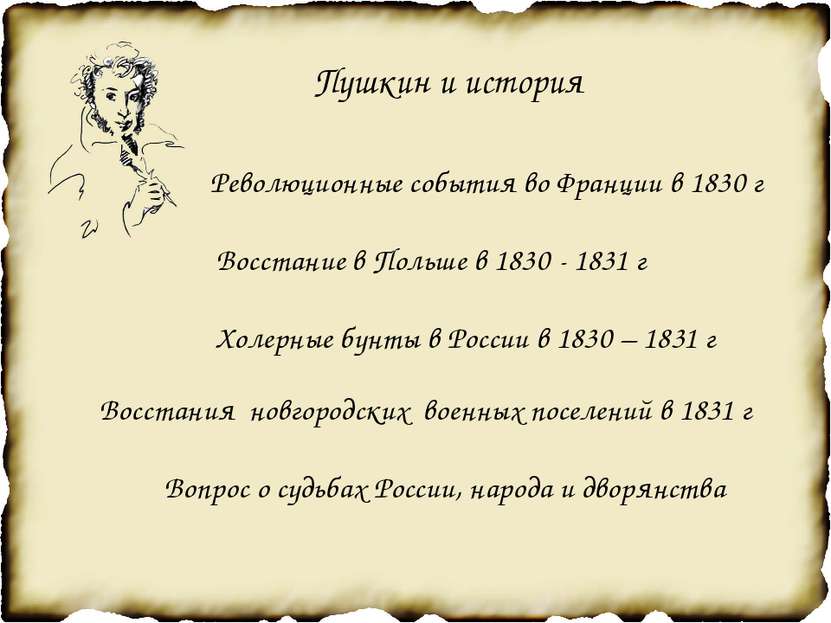 Пушкин и история Революционные события во Франции в 1830 г Восстание в Польше...
