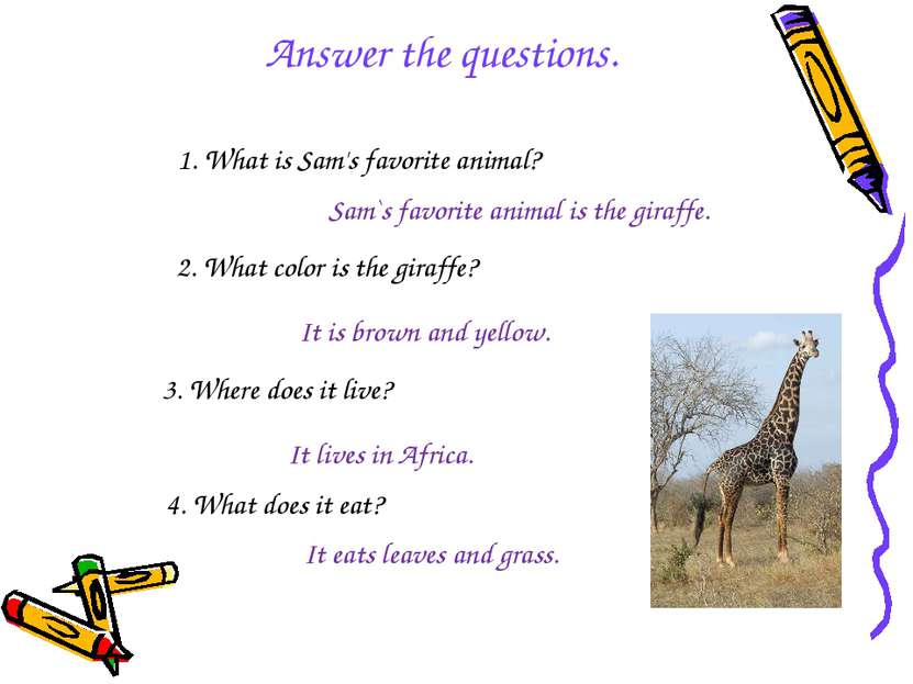 1. What is Sam's favorite animal? Sam`s favorite animal is the giraffe. 2. Wh...