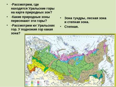 -Рассмотрим, где находятся Уральские горы на карте природных зон? -Какие прир...