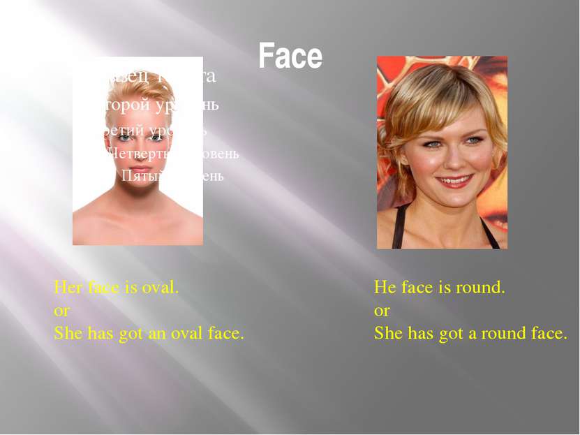 Face Her face is oval. or She has got an oval face. He face is round. or She ...