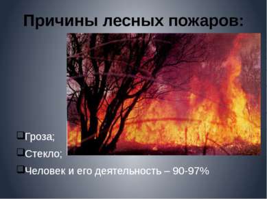 Причины лесных пожаров: Гроза; Стекло; Человек и его деятельность – 90-97%