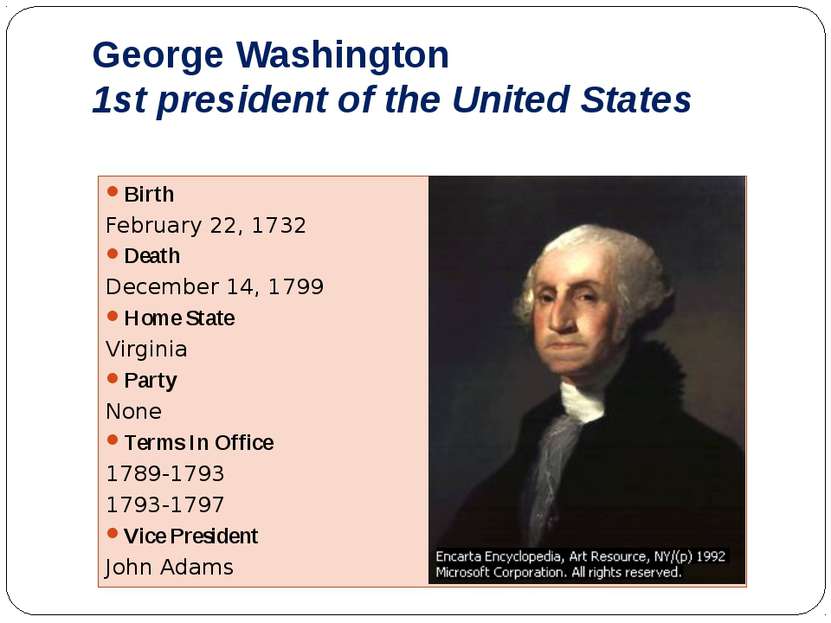 George Washington 1st president of the United States Birth February 22, 1732 ...