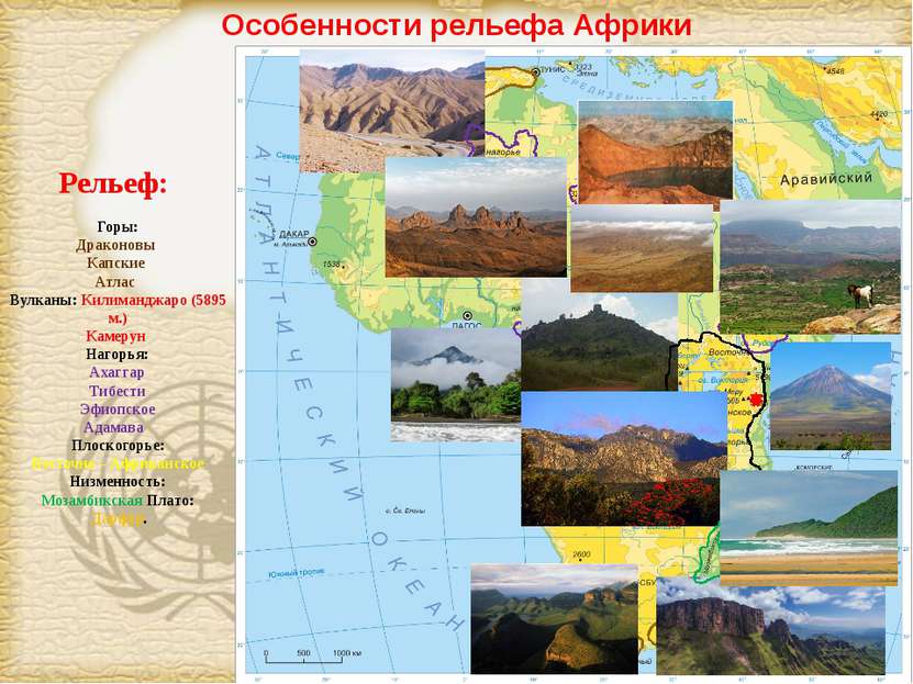 Особенности рельефа Африки Рельеф: Горы: Драконовы Капские Атлас Вулканы: Кил...
