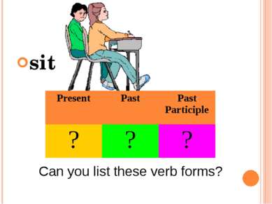 sit Can you list these verb forms? Present Past Past Participle ? ? ?