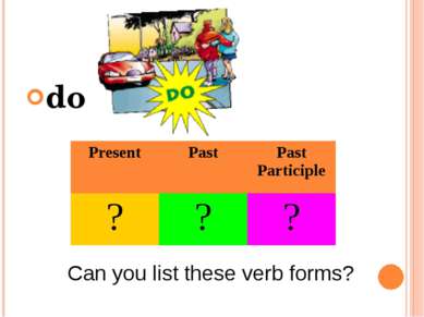 do Can you list these verb forms? Present Past Past Participle ? ? ?