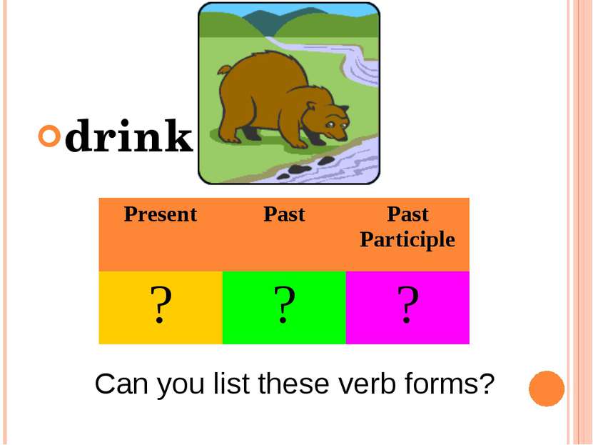 drink Can you list these verb forms? Present Past Past Participle ? ? ?