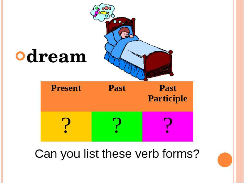 dream Can you list these verb forms? Present Past Past Participle ? ? ?