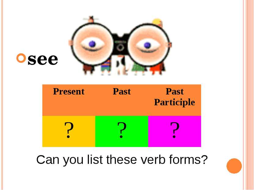 see Can you list these verb forms? Present Past Past Participle ? ? ?
