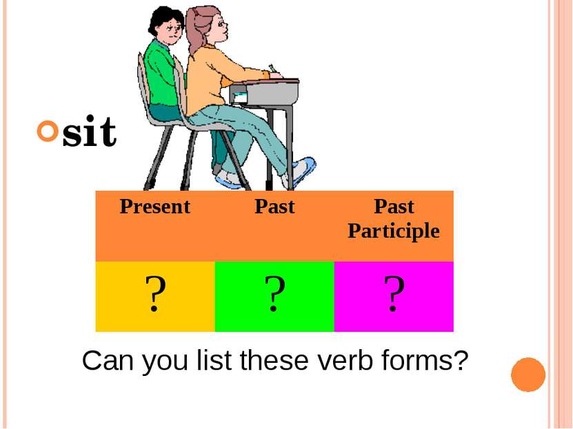 sit Can you list these verb forms? Present Past Past Participle ? ? ?