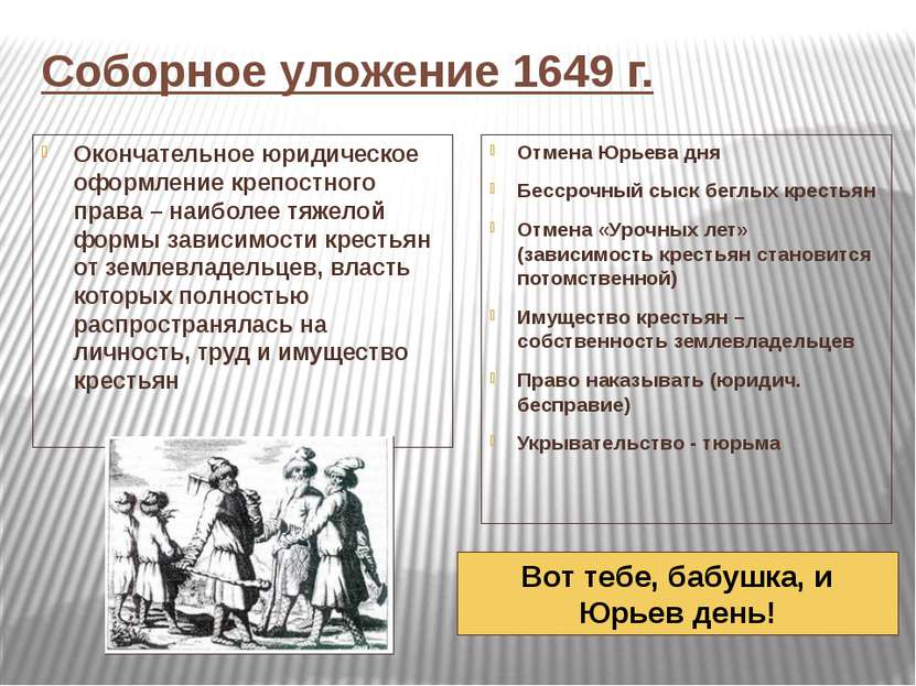 Соборное уложение 1649 г. Окончательное юридическое оформление крепостного пр...