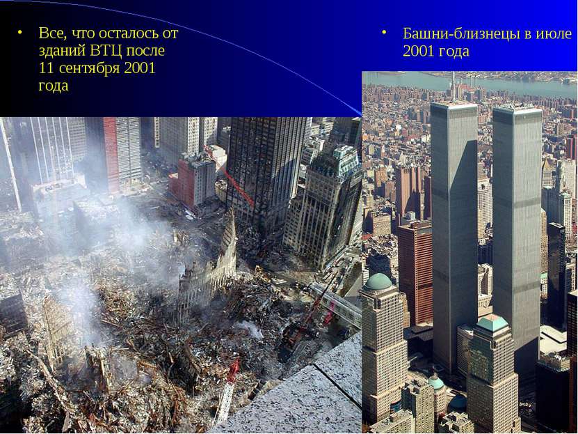 Башни-близнецы в июле 2001 года Все, что осталось от зданий ВТЦ после 11 сент...