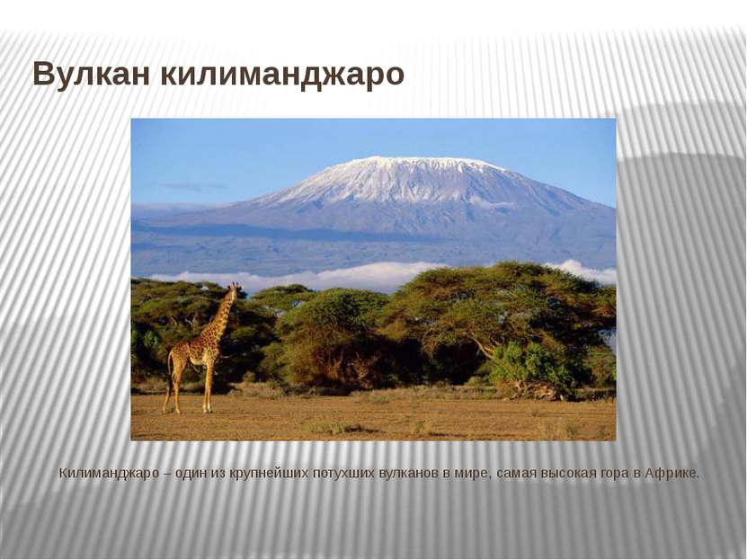 Вулкан килиманджаро Килиманджаро – один из крупнейших потухших вулканов в мир...