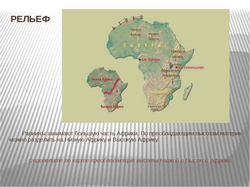 РЕЛЬЕФ Равнины занимают большую часть Африки. По преобладающим высотам матери...