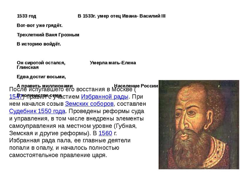 1533 год В 1533г. умер отец Ивана- Василий III Вот-вот уже грядёт. Трехлетний...